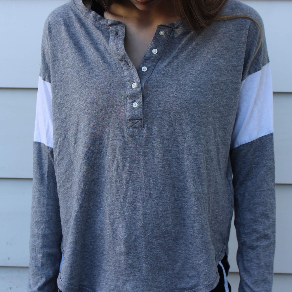 Gray and White Half Button Long Sleeve Shirt
